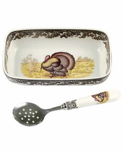 Spode Woodland Turkey Cranberry Dish With Slotted Spoon Home