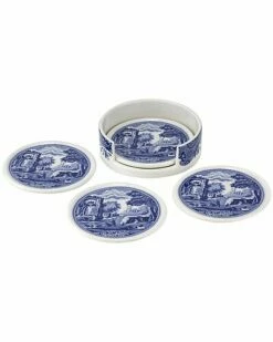 Spode Blue Italian 4pc Ceramic Coasters With Holder Home